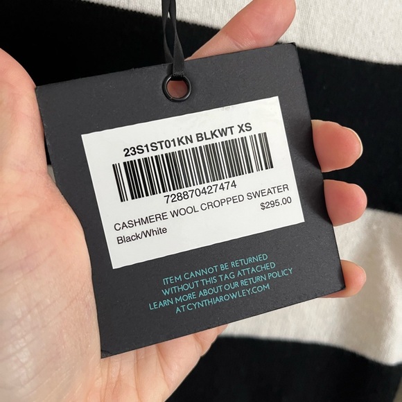 Cynthia Rowley NWT Cashmere Wool Cropped Long Sleeve Sweater Black Cream XS - Picture 5 of 7